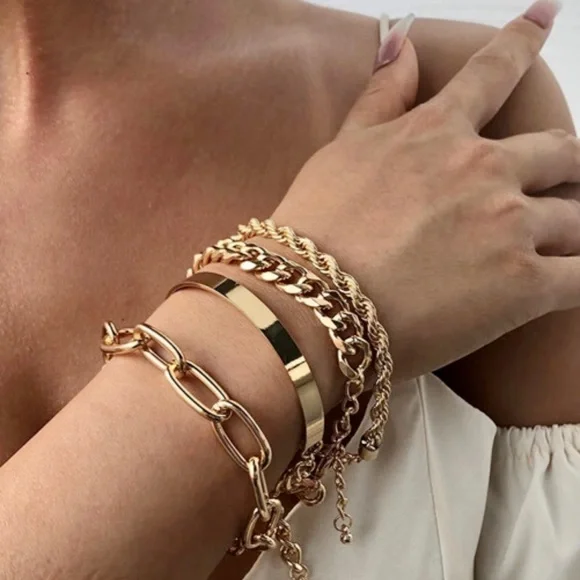 14k Gold Plated Boutique | Boho 4 Piece Gold Bracelet Set - Picture 1 of 3